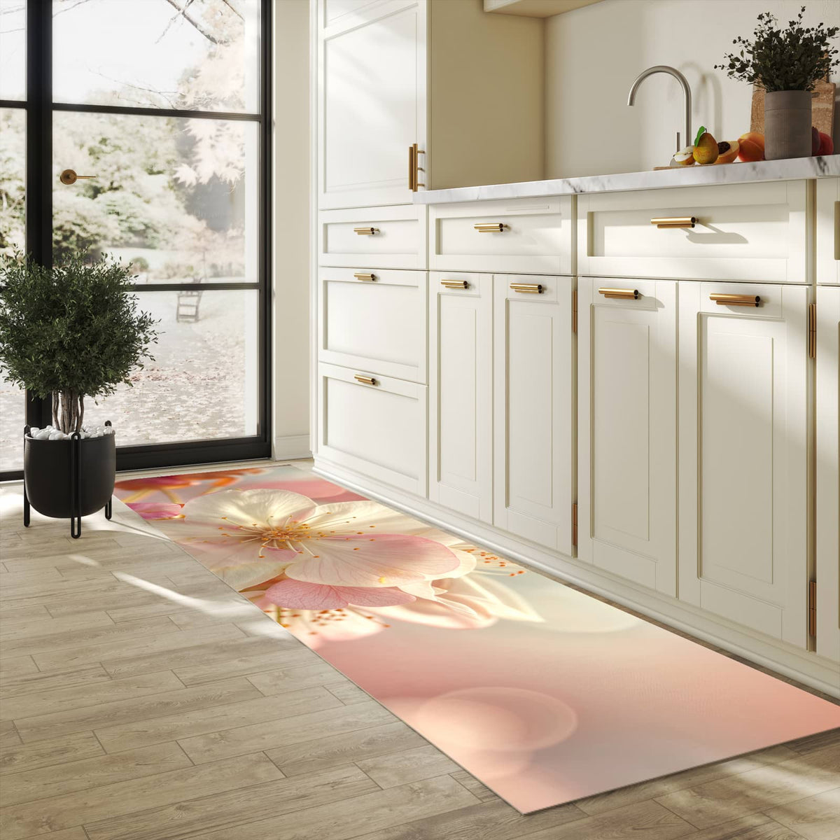 Küchenteppich Rosa Frühlingsblüten 80 × 300 cm in einer hellen Küche am Fenster