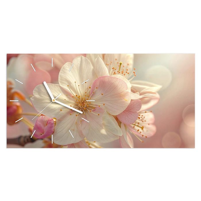 Wanduhr Blühende Frühlingsblüten aus Glas – Querformat 60 × 30 cm mit Ziffernblatt Linie