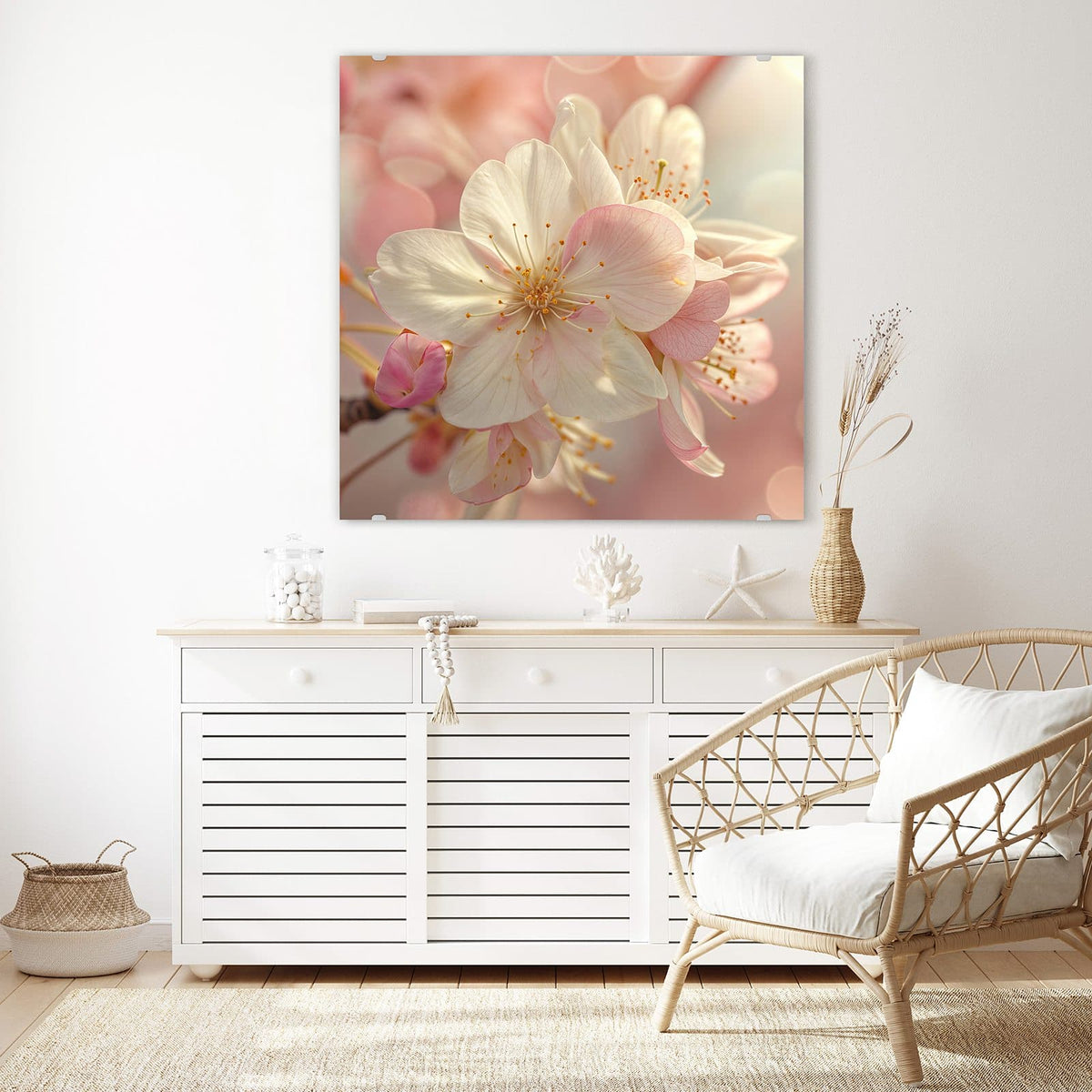 Glasbild Rosa Frühlingsblüten an der Wand – Makro einer weiß-rosa Obstblüte mit gelben Staubgefäßen vor pastelligem Bokeh