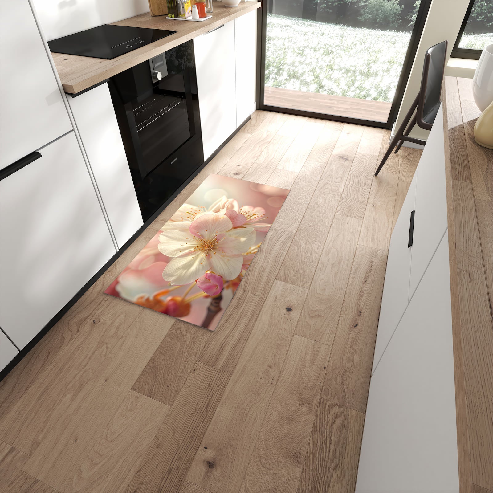 Fleckenresistenter Küchenteppich mit Motiv Blüten von Blühende in moderner Küche #grösse_60 x 120 cm