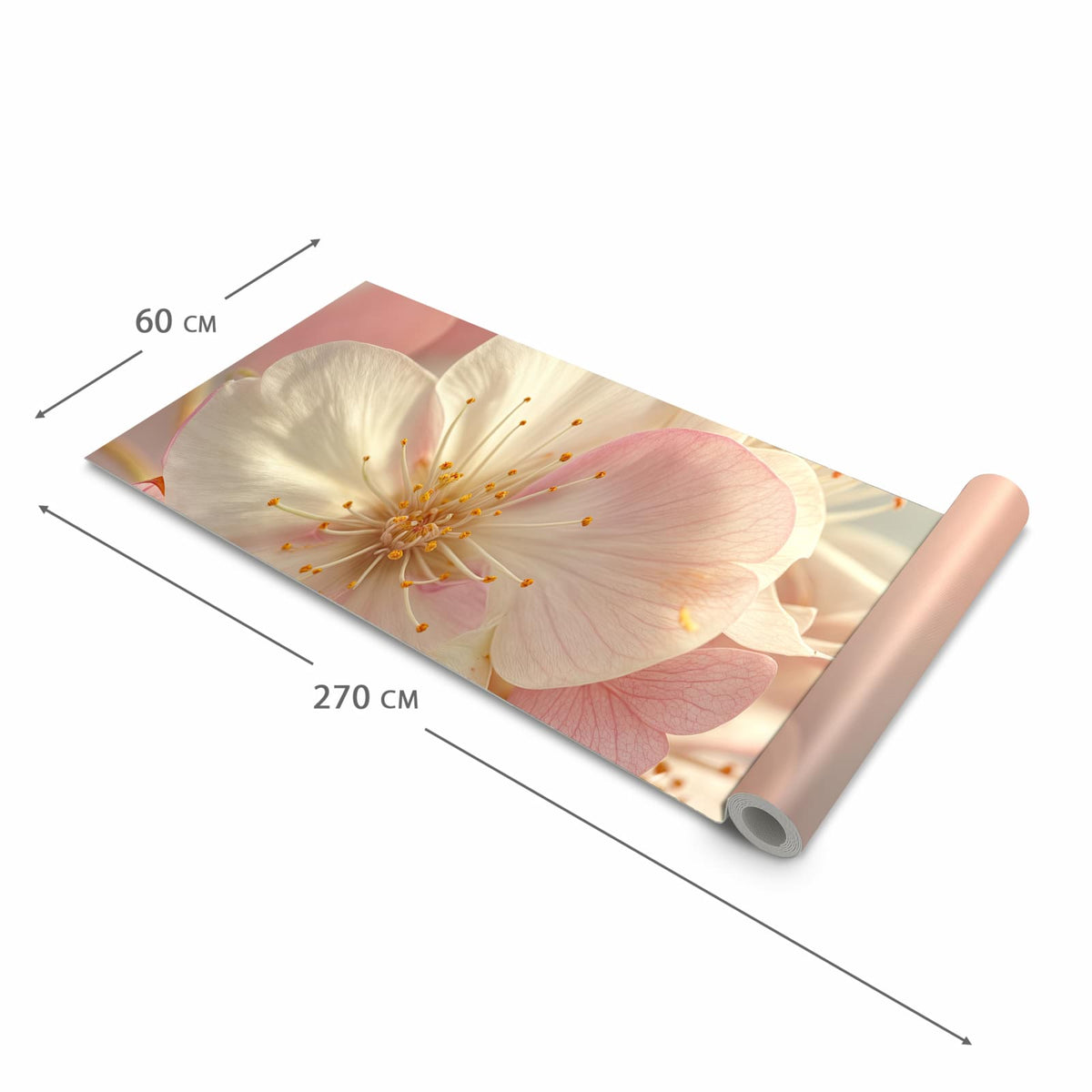 Küchenläufer Rosa Frühlingsblüten halb aufgerollt mit Maßangaben: Gesamtgröße 60 × 270 cm