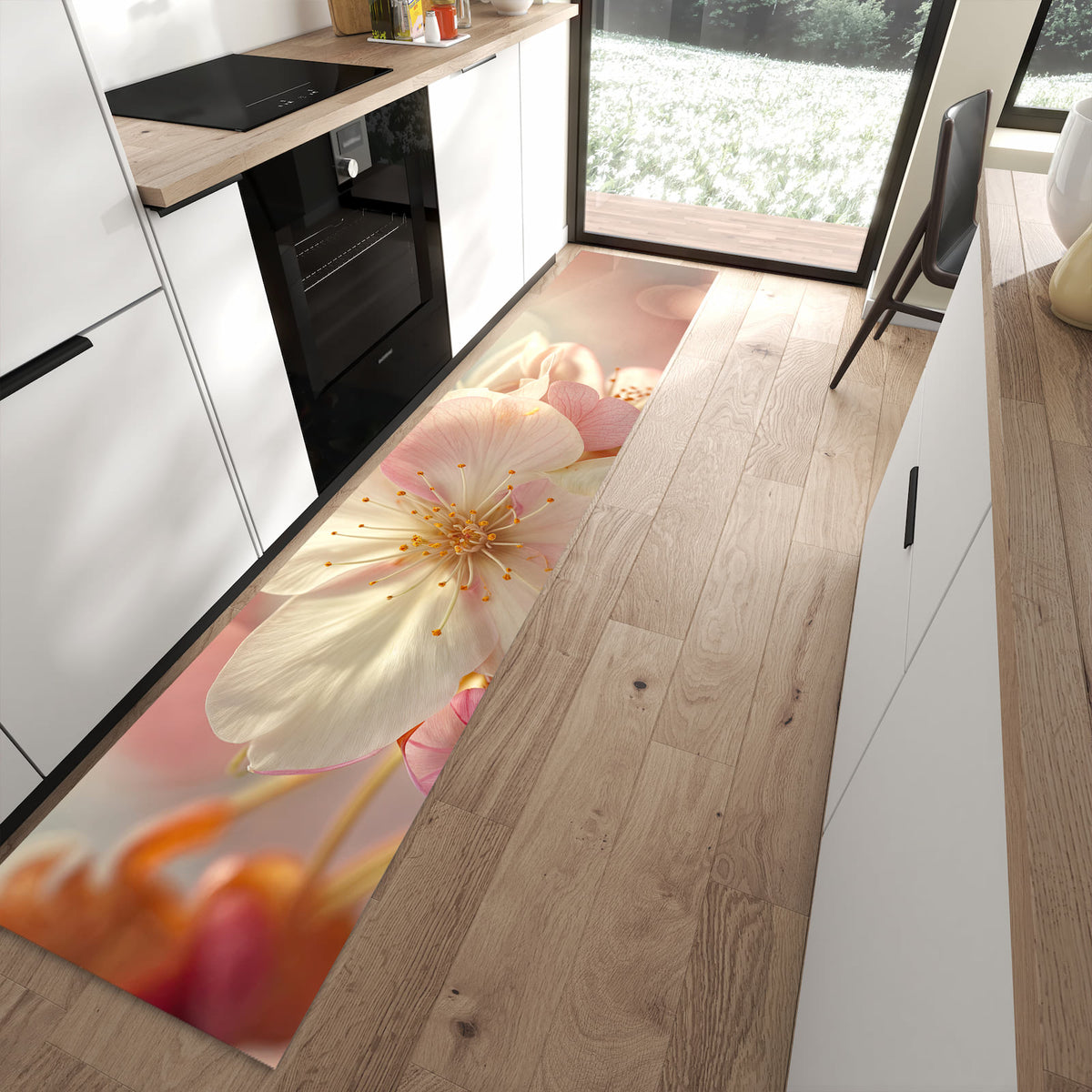 Küchenteppich Rosa Frühlingsblüten 60 × 300 cm vor der Küchenzeile auf hellem Holzboden