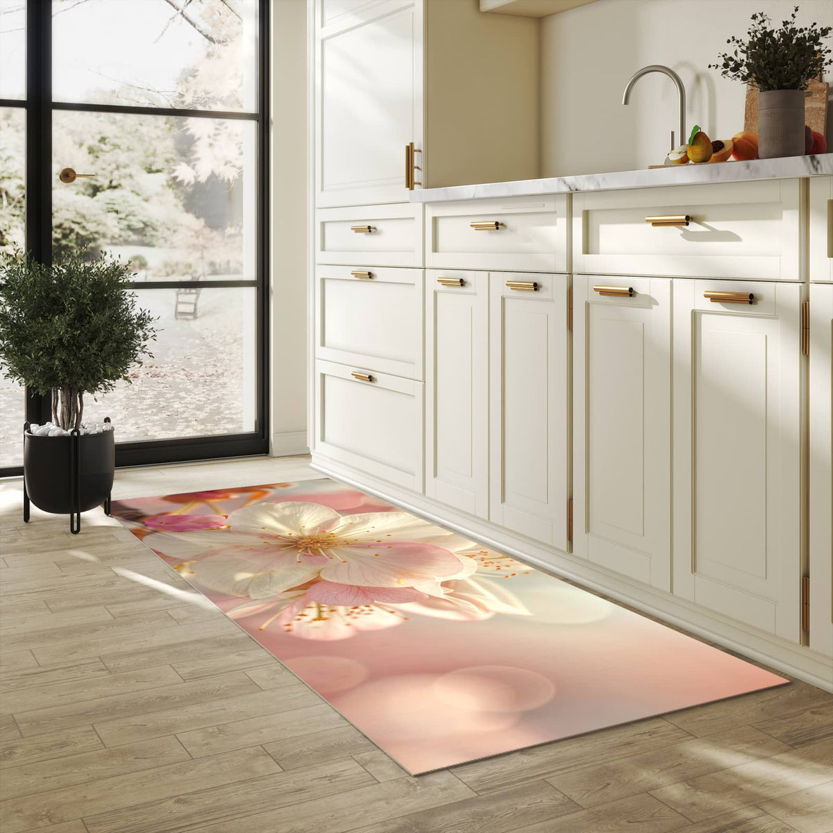Küchenteppich Rosa Frühlingsblüten 90 × 240 cm in einer hellen Küche am Fenster