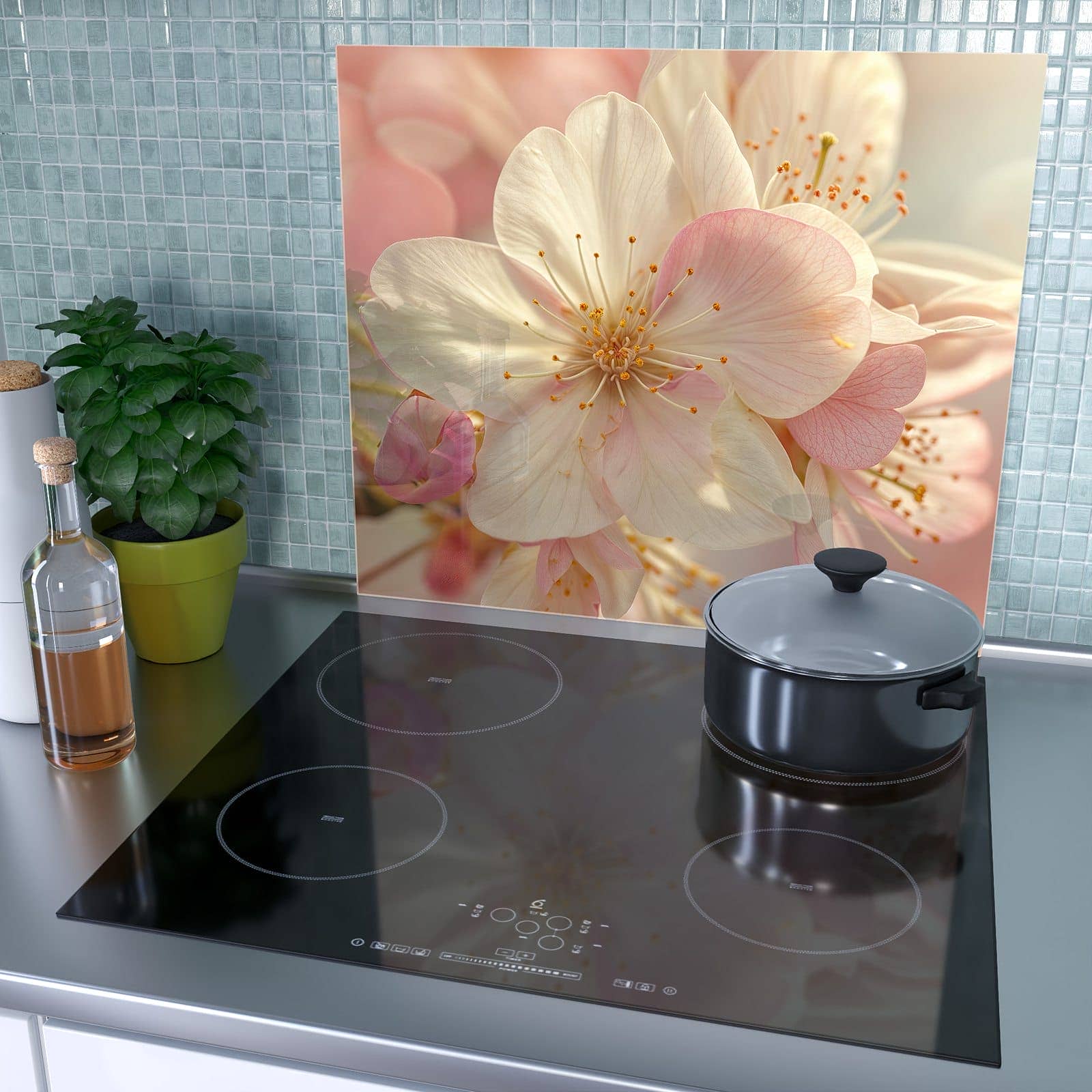 1-teilige Herdabdeckplatte mit Blühende Frühlingsblüten-Motiv als Spritzschutz hinter dem Kochfeld