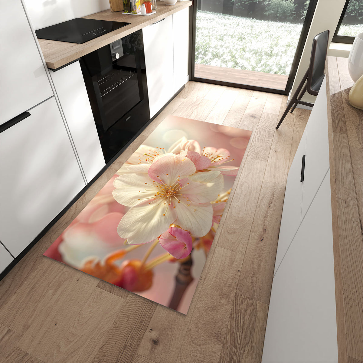 Küchenteppich Rosa Frühlingsblüten 90 × 180 cm vor der Küchenzeile auf hellem Holzboden
