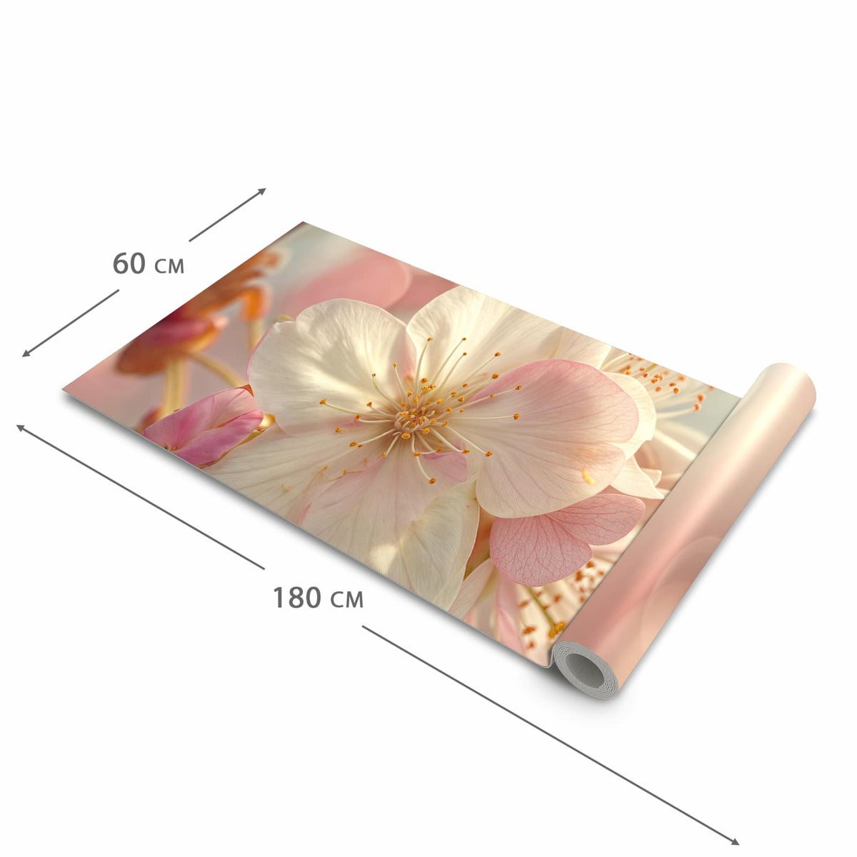 Küchenläufer Rosa Frühlingsblüten halb aufgerollt mit Maßangaben: Gesamtgröße 60 × 180 cm
