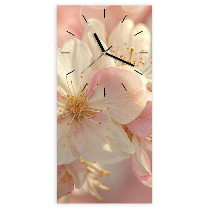 Wanduhr Blühende Frühlingsblüten aus Glas – Hochformat 30 × 60 cm mit Ziffernblatt Linie