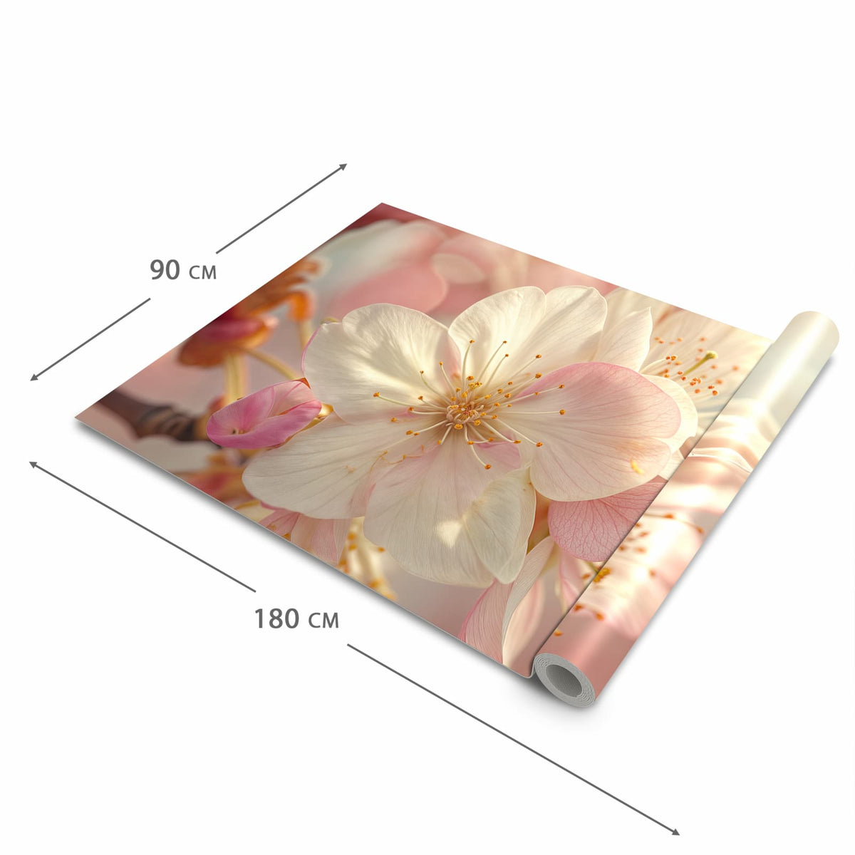 Küchenläufer Rosa Frühlingsblüten halb aufgerollt mit Maßangaben: Gesamtgröße 90 × 180 cm