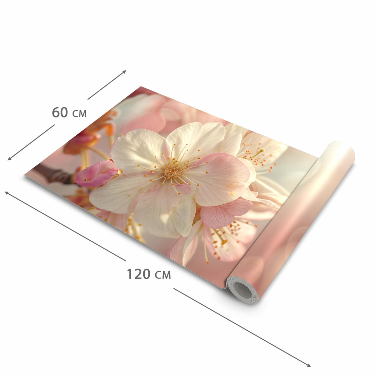 Küchenläufer Rosa Frühlingsblüten halb aufgerollt mit Maßangaben: Gesamtgröße 60 × 120 cm