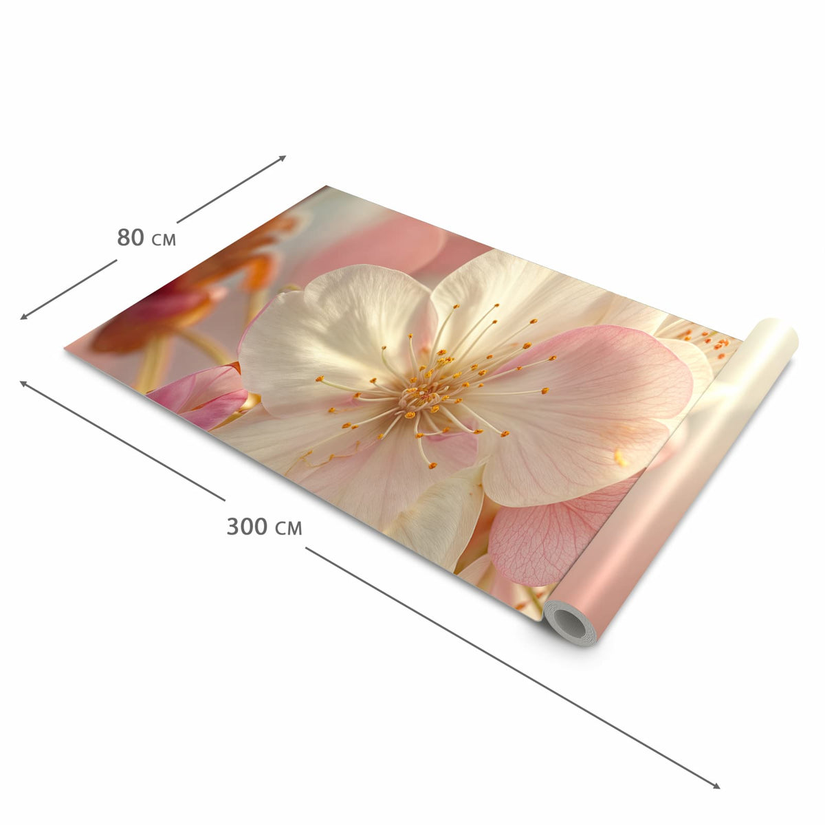 Küchenläufer Rosa Frühlingsblüten halb aufgerollt mit Maßangaben: Gesamtgröße 80 × 300 cm