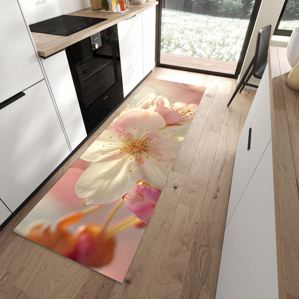 Küchenteppich Rosa Frühlingsblüten 80 × 250 cm vor der Küchenzeile auf hellem Holzboden