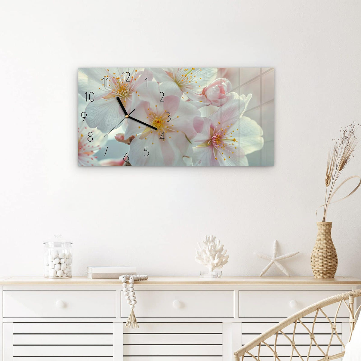 Wanduhr Kirschblüten Zauber aus Glas – Querformat 60 × 30 cm – Kirschblüten in voller Blüte