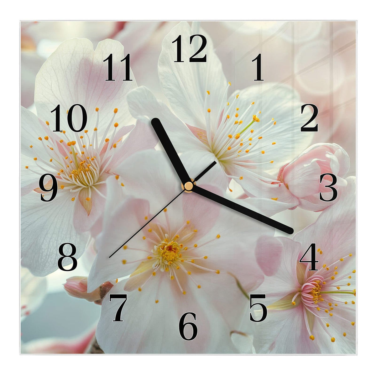 Wanduhr aus Glas, Ziffernblatt Klassisch: Dolde weißer Frühlingsblüten mit zartrosa Hauch und gelben Staubgefäßen, helles Bokeh