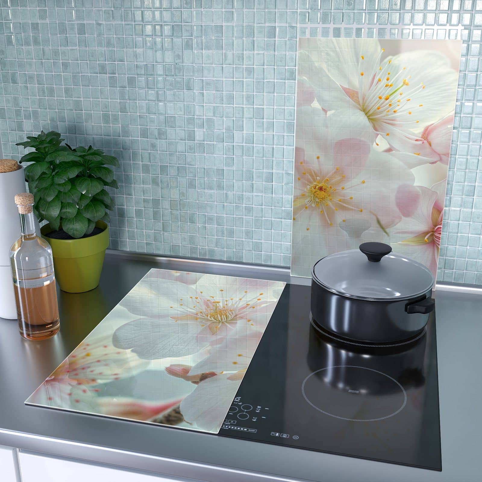 2-teilige Abdeckplatte für Induktionsherd mit Kirschblüten Zauber-Motiv als Spritzschutz hinter dem Kochfeld
