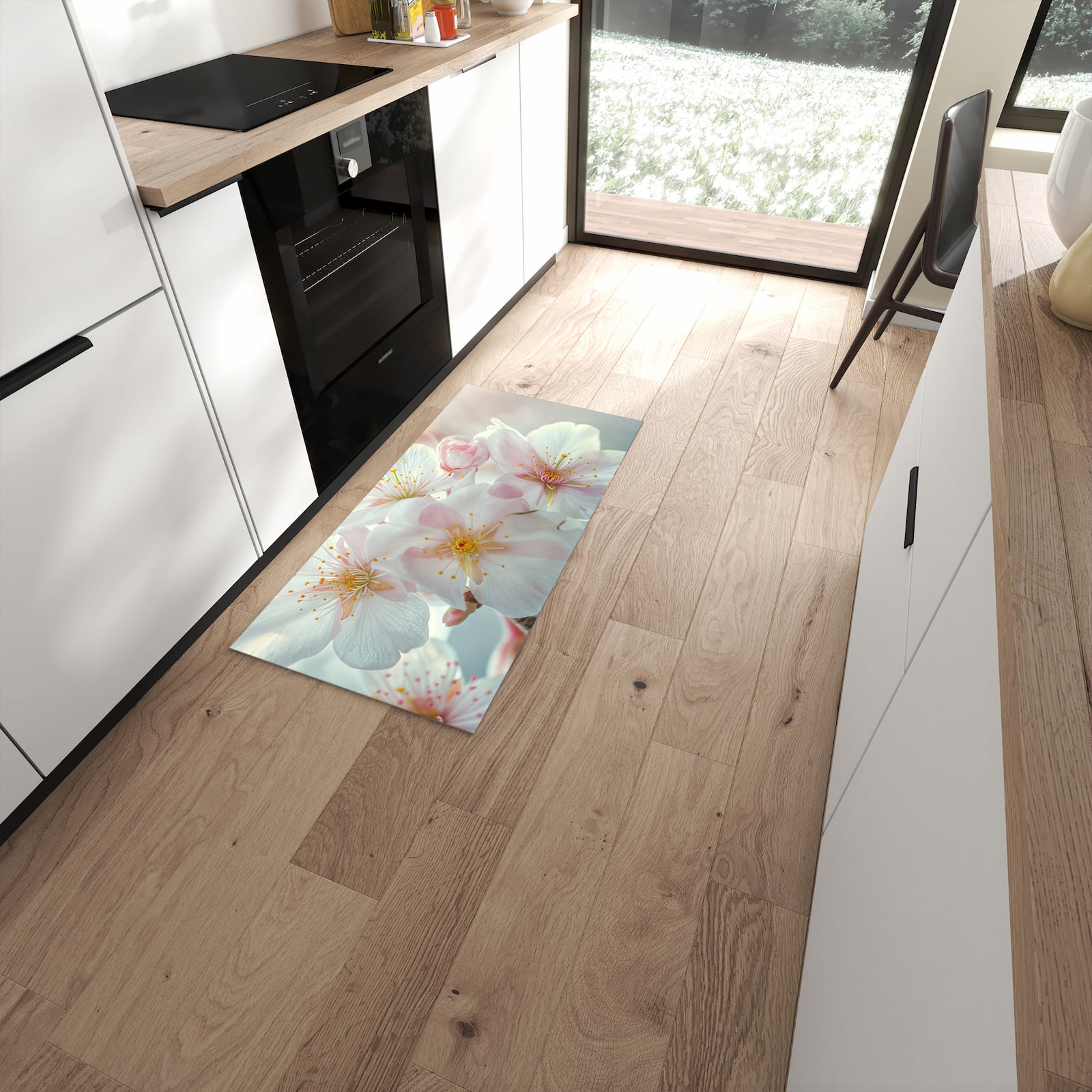 Feuchtigkeitsresistenter waschbarer Küchenläufer mit Motiv Kirschblüten Zauber in moderner Küche #grösse_60 x 120 cm