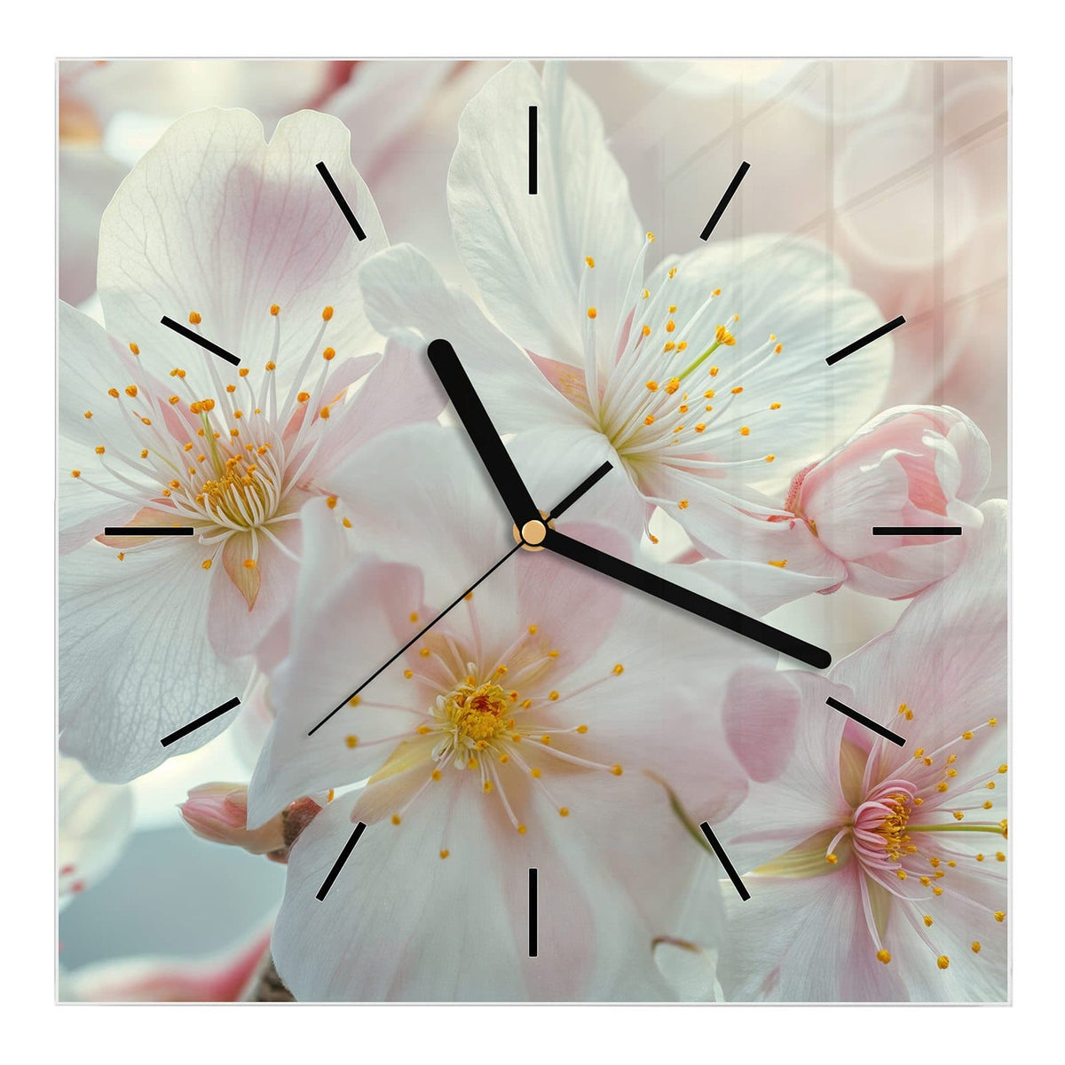 Wanduhr aus Glas, Ziffernblatt Linie: Dolde weißer Frühlingsblüten mit zartrosa Hauch und gelben Staubgefäßen, helles Bokeh