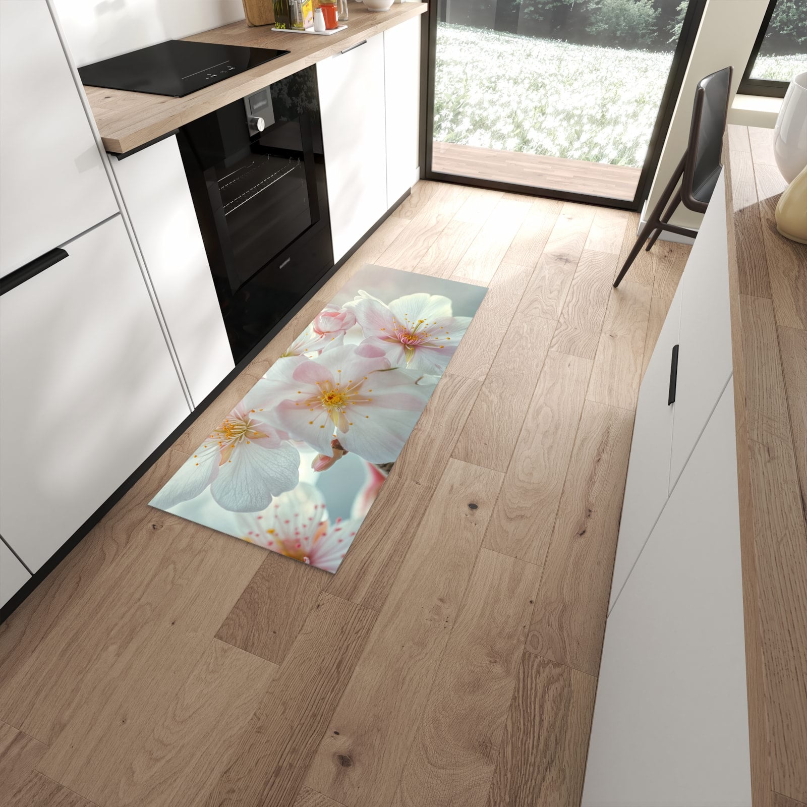 Bodenschonender rutschfester Küchenläufer mit Motiv Kirschblüten Zauber in moderner Küche #grösse_60 x 150 cm