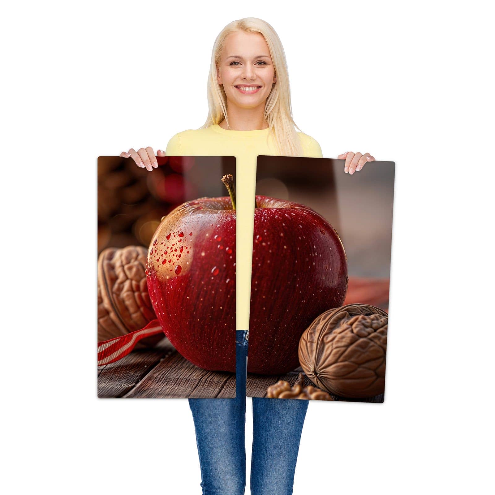 2-teilige Abdeckplatten für Ceranfeld mit Apfel und Nüsse-Motiv wird zur Größendarstellung gehalten