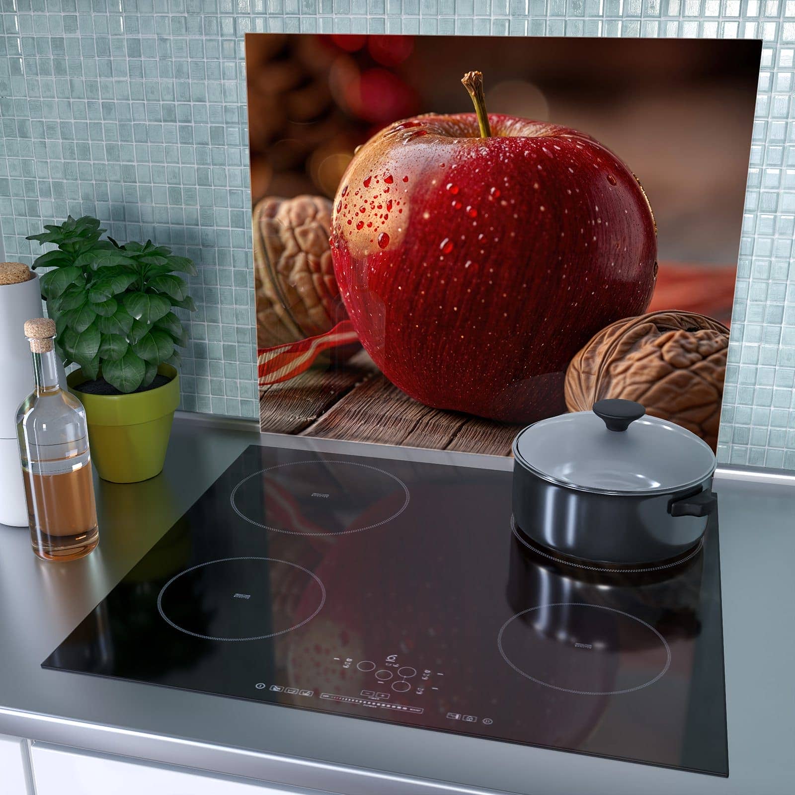 1-teilige Herdabdeckung mit Apfel und Nüsse-Motiv als Spritzschutz hinter dem Kochfeld