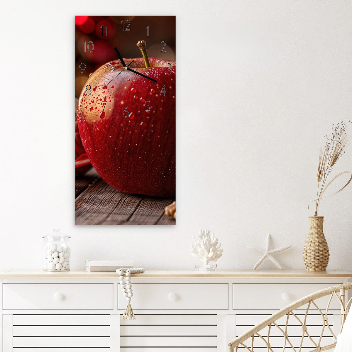 Wanduhr Apfel und Nüsse aus Glas – Roter Apfel mit Walnüssen