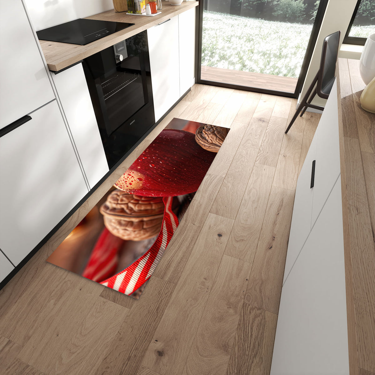Flacher Küchenteppich mit Motiv Apfel und Nüsse in moderner Küche - waschbar