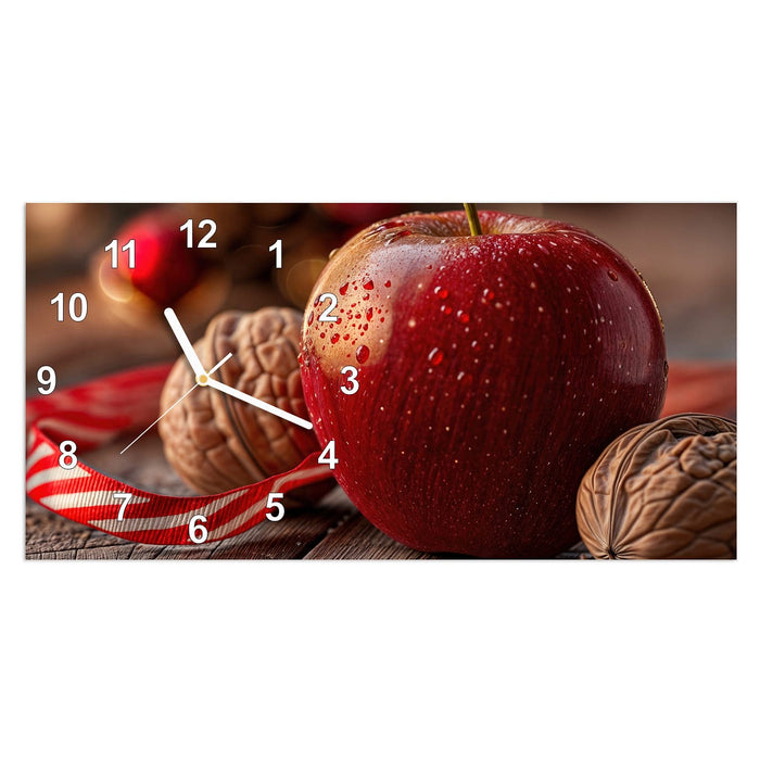 Wanduhr Apfel und Nüsse aus Glas – Querformat 60 × 30 cm mit Ziffernblatt Modern