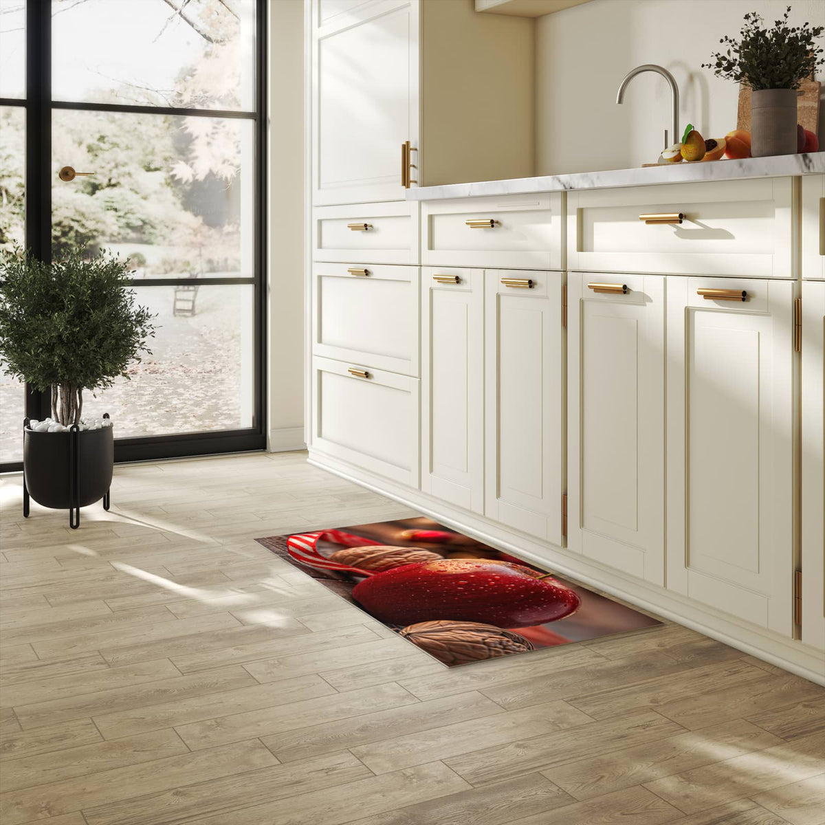 Küchenteppich mit Motiv Apfel und Nüsse für Ordnung in heller Küche