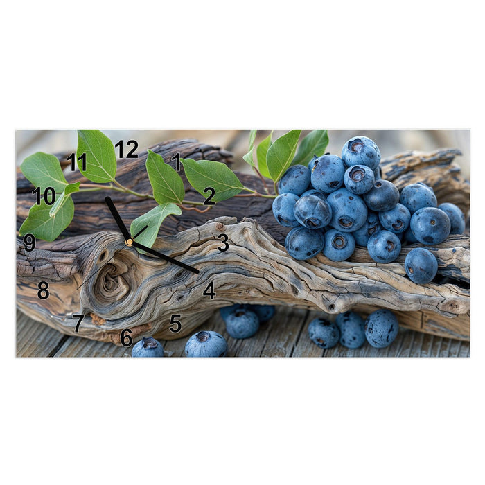Wanduhr auf und Blaubeeren aus Glas – Querformat 60 × 30 cm mit Ziffernblatt Modern