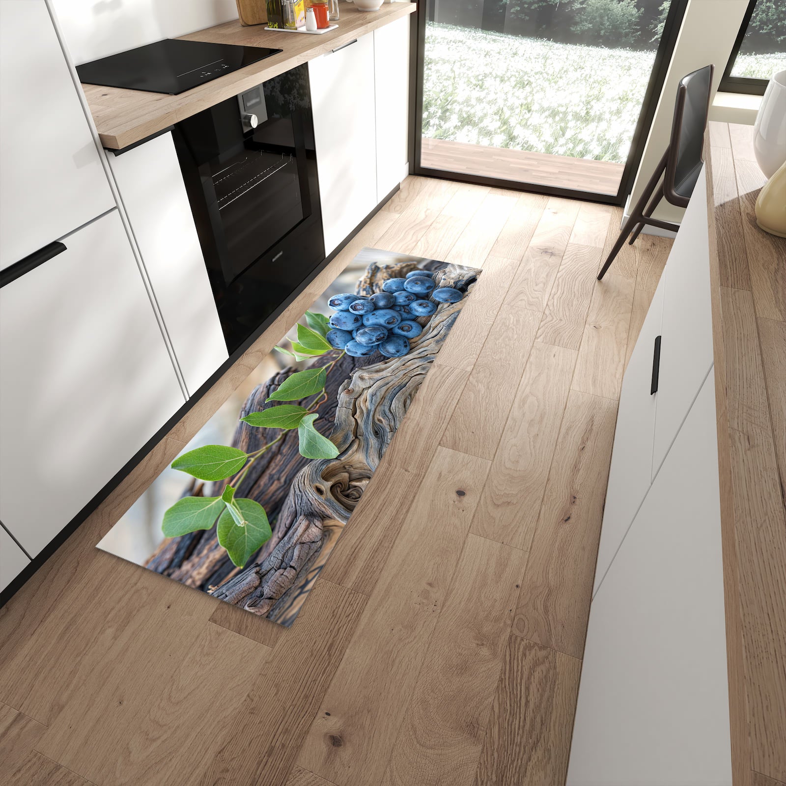 Farbbeständiger dünner Teppich mit Motiv auf und Blaubeeren in moderner Küche