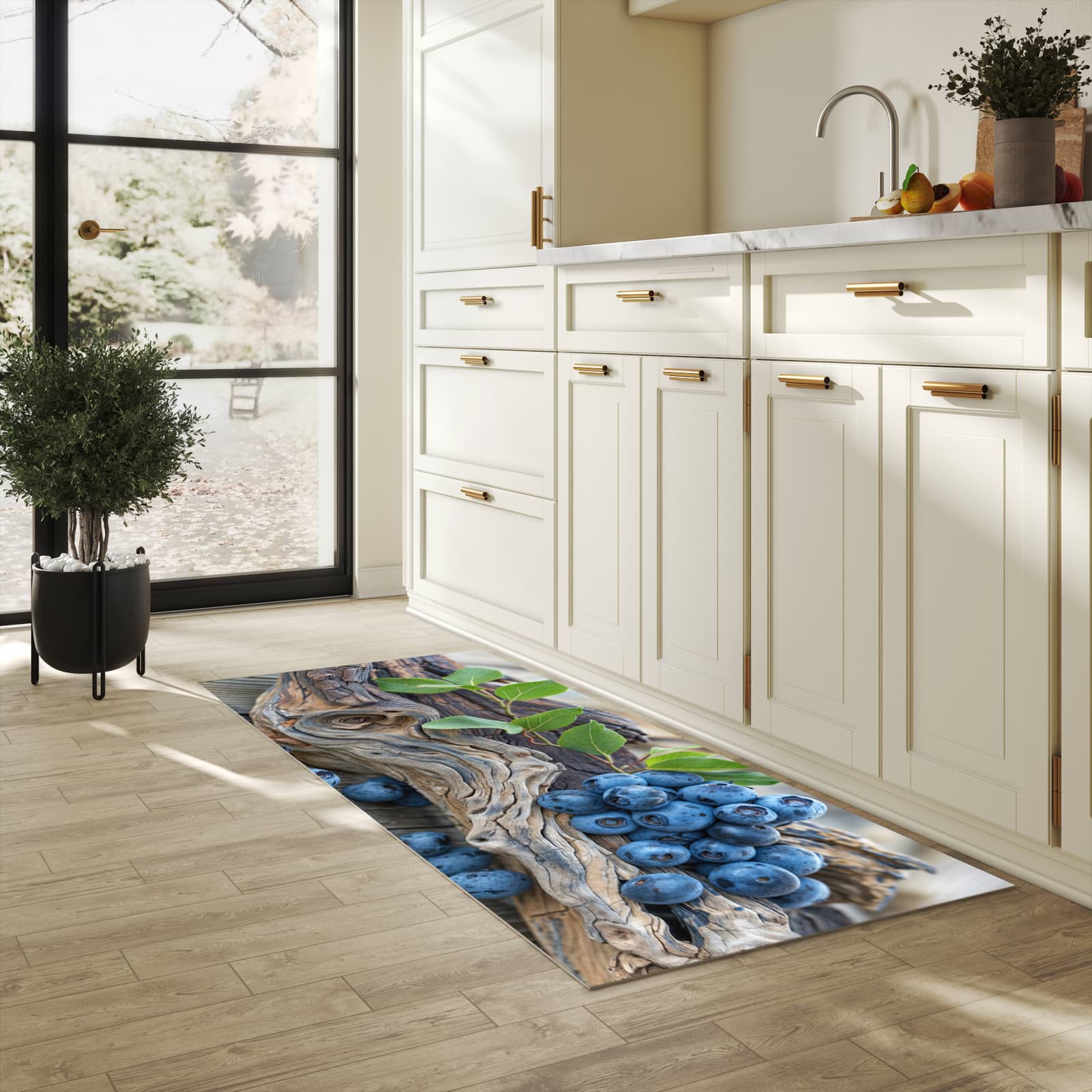 Strapazierfähiger abwaschbarer Küchenläufer mit Motiv auf und Blaubeeren in heller Küche