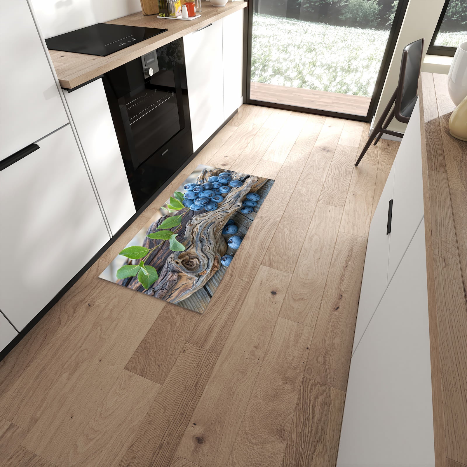Küchenläufer mit Motiv auf und Blaubeeren für Ordnung im Eingangsbereich moderner Küche #grösse_60 x 120 cm