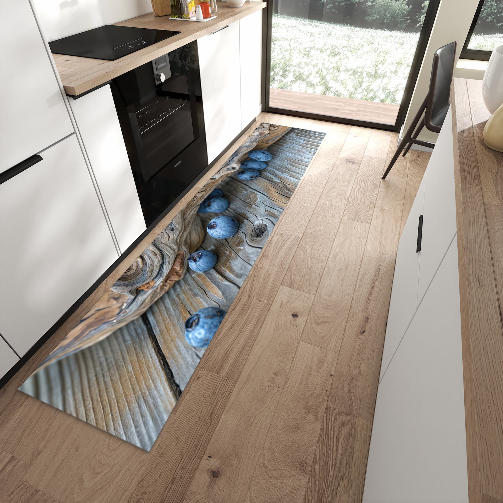 Waschbarer Küchenteppich mit Motiv auf und Blaubeeren in moderner Küche für sichere Aufbewahrung