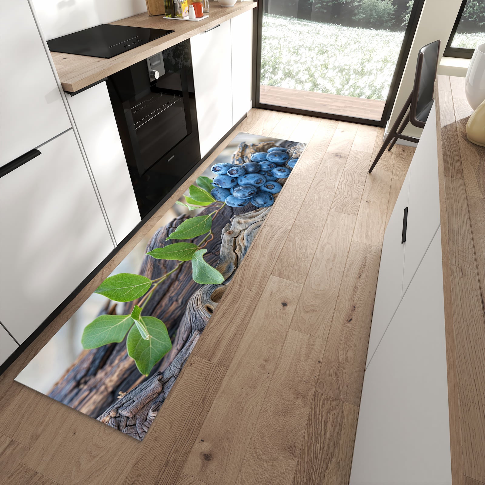 Formstabiler rutschfester Küchenteppich mit Motiv auf und Blaubeeren in moderner Küche