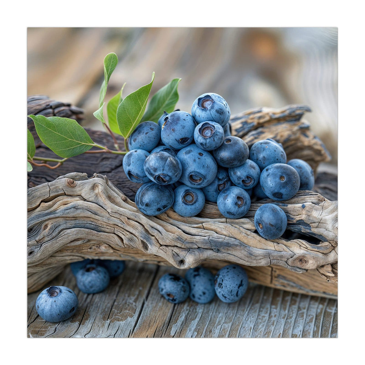 Küchenrückwand aus Glas Treibholz und Blaubeeren im quadratischen Format, Motiv bildfüllend von vorn