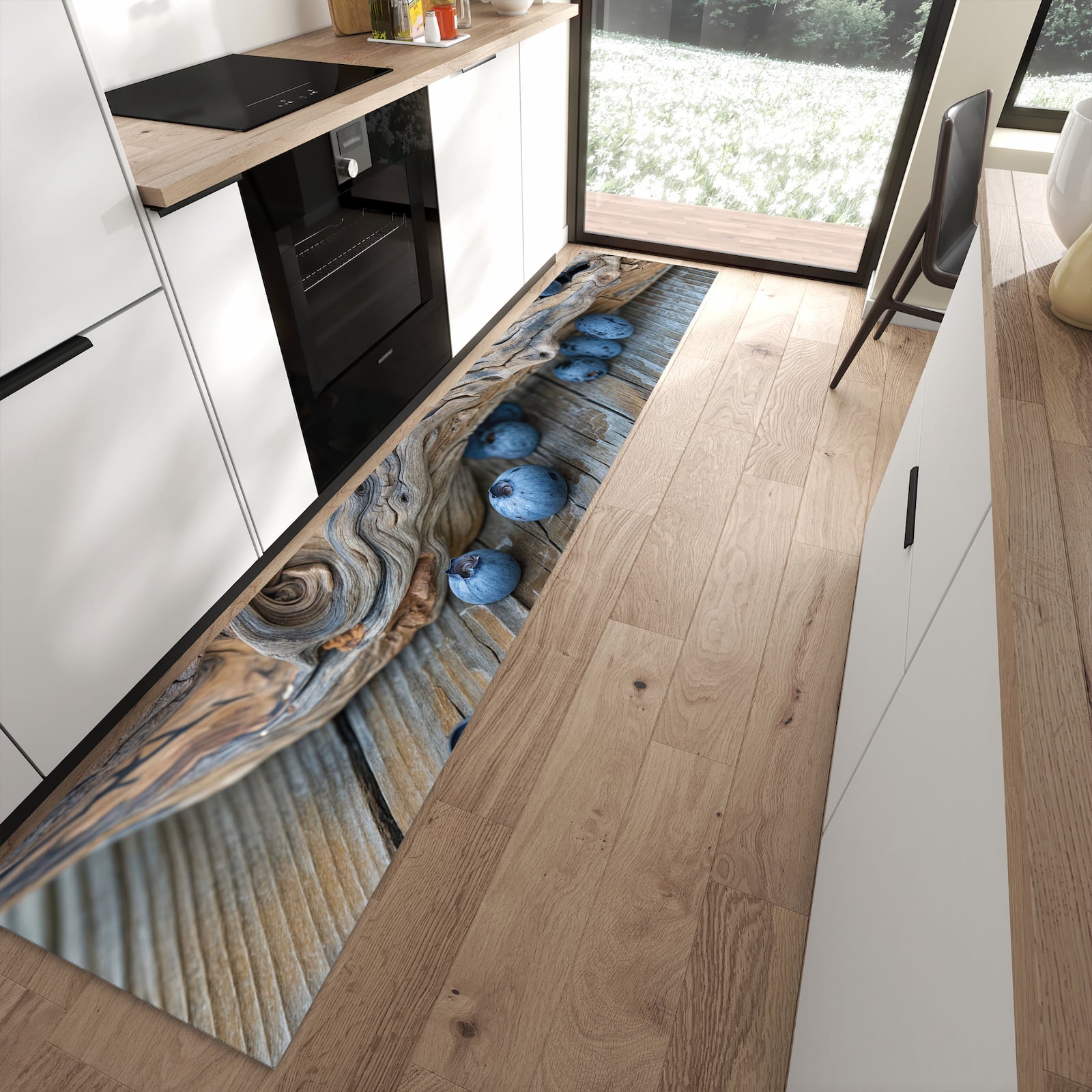 Waschbarer Teppich fürs Esszimmer mit Motiv auf und Blaubeeren in moderner Küche