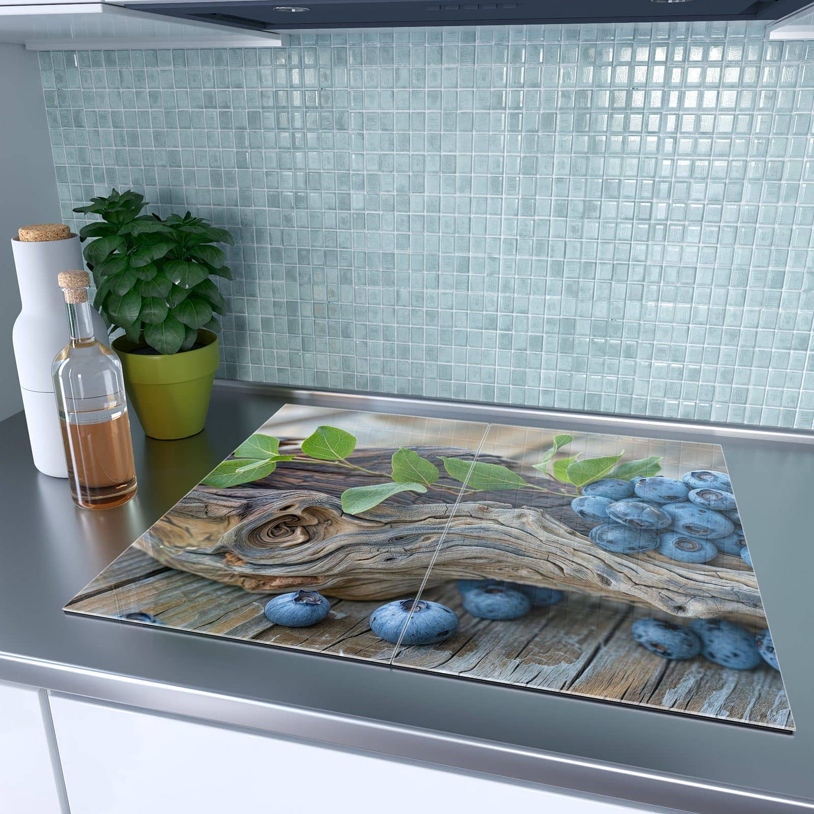 2-teilige Herdabdeckung mit auf und Blaubeeren-Motiv auf dem Ceranfeld