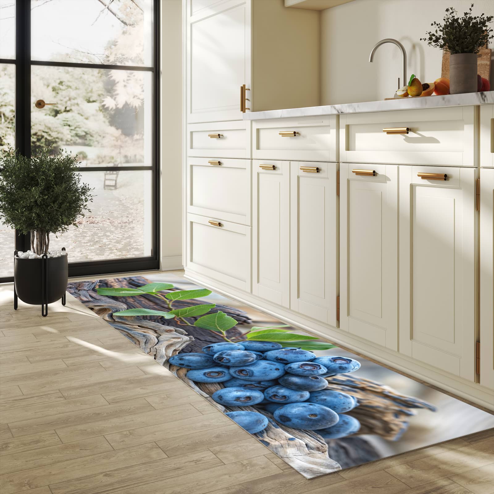Rutschfester Küchenteppich mit Motiv auf und Blaubeeren in heller Küche