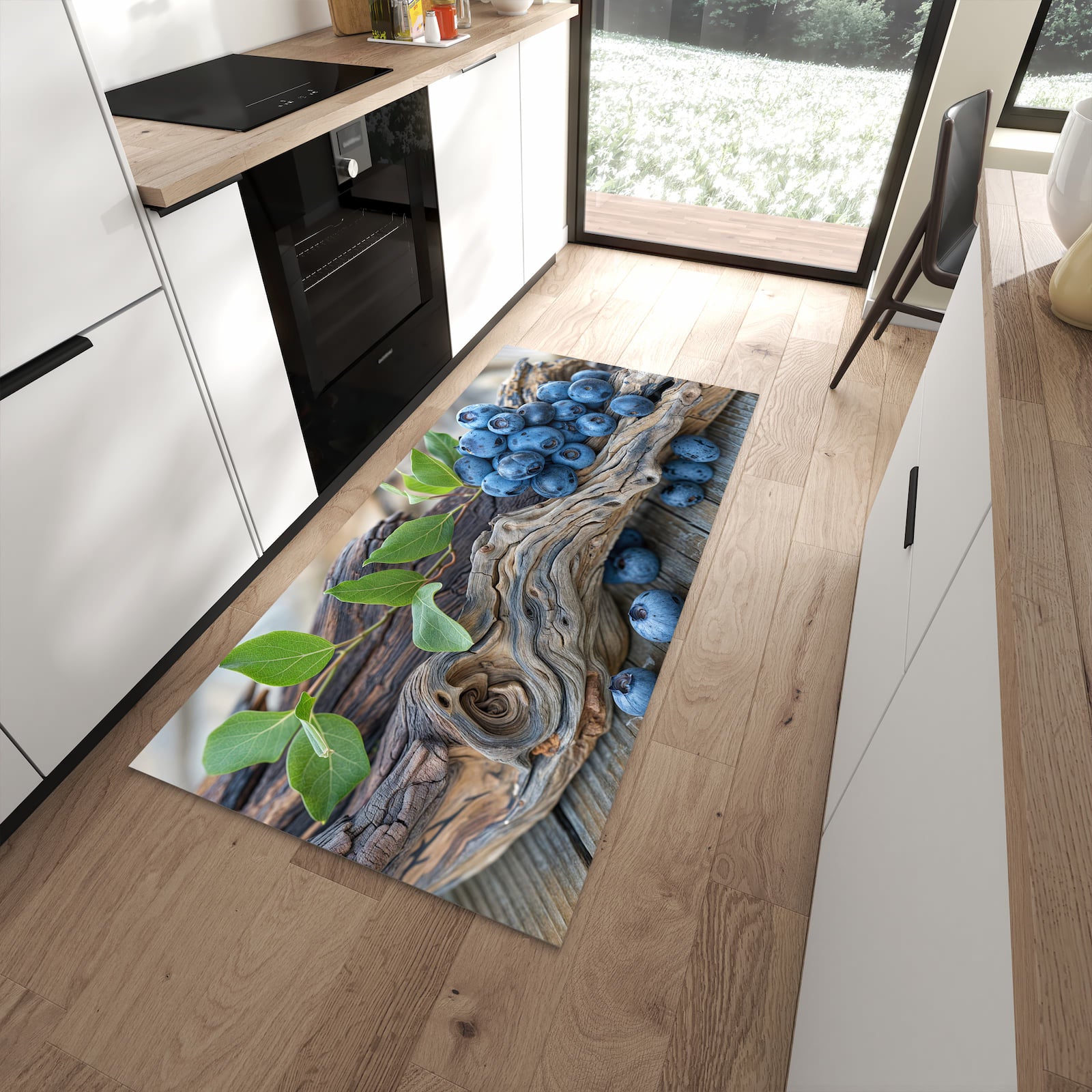 Fleckenresistenter waschbarer Küchenteppich mit Motiv auf und Blaubeeren in moderner Küche