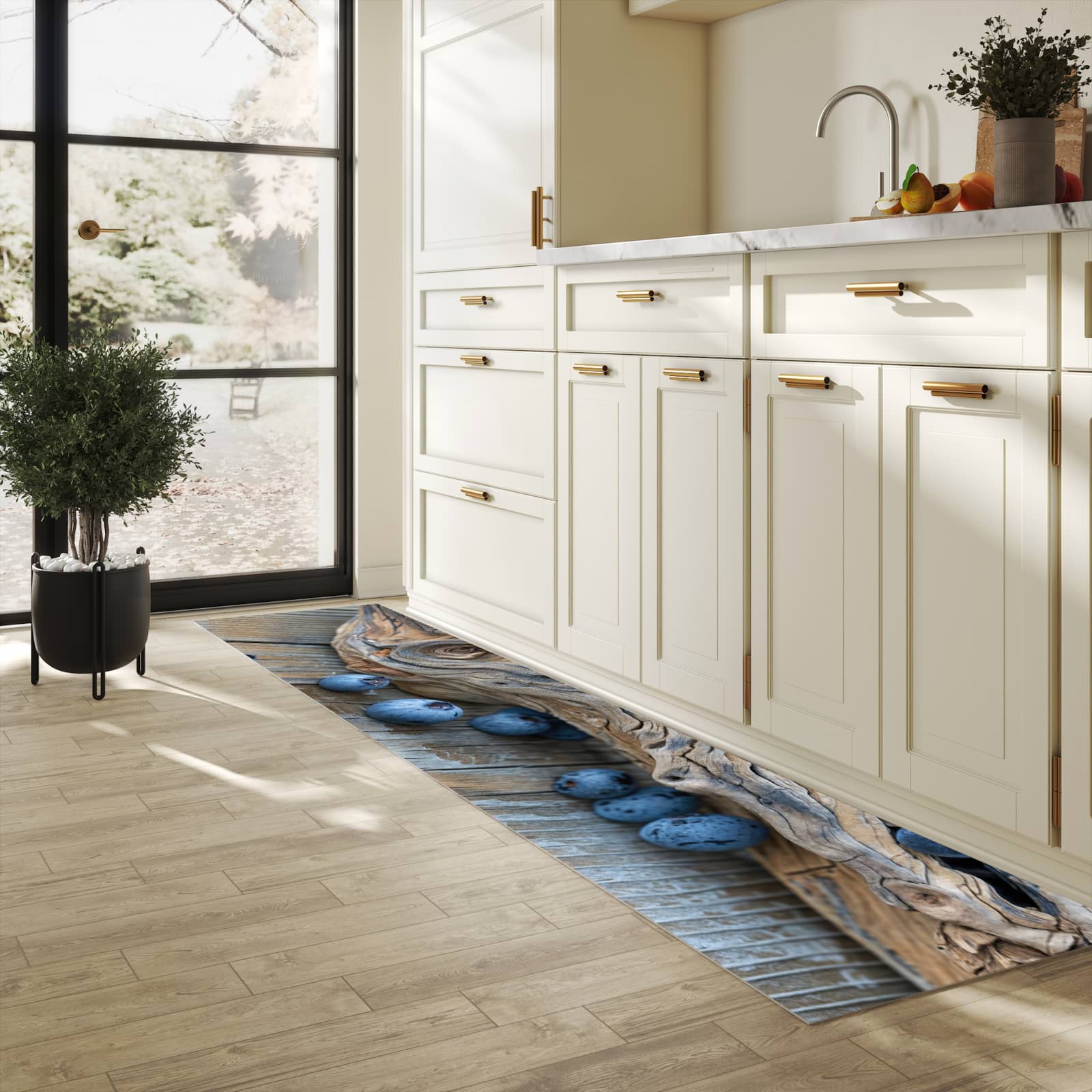 Waschbarer Küchenläufer mit Motiv auf und Blaubeeren in heller Küche für angenehme Haptik