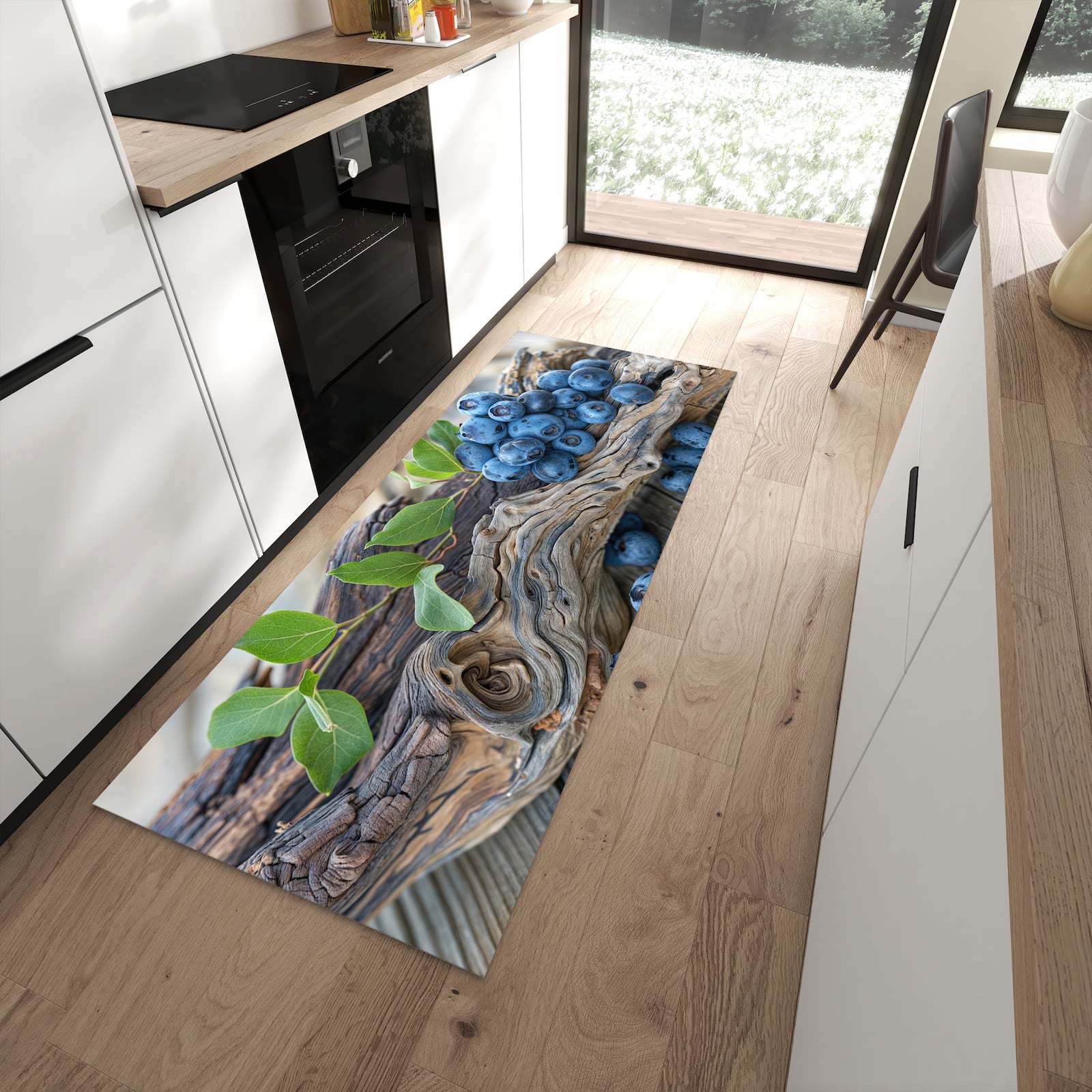 Abriebfester rutschfester Küchenteppich mit Motiv auf und Blaubeeren in moderner Küche