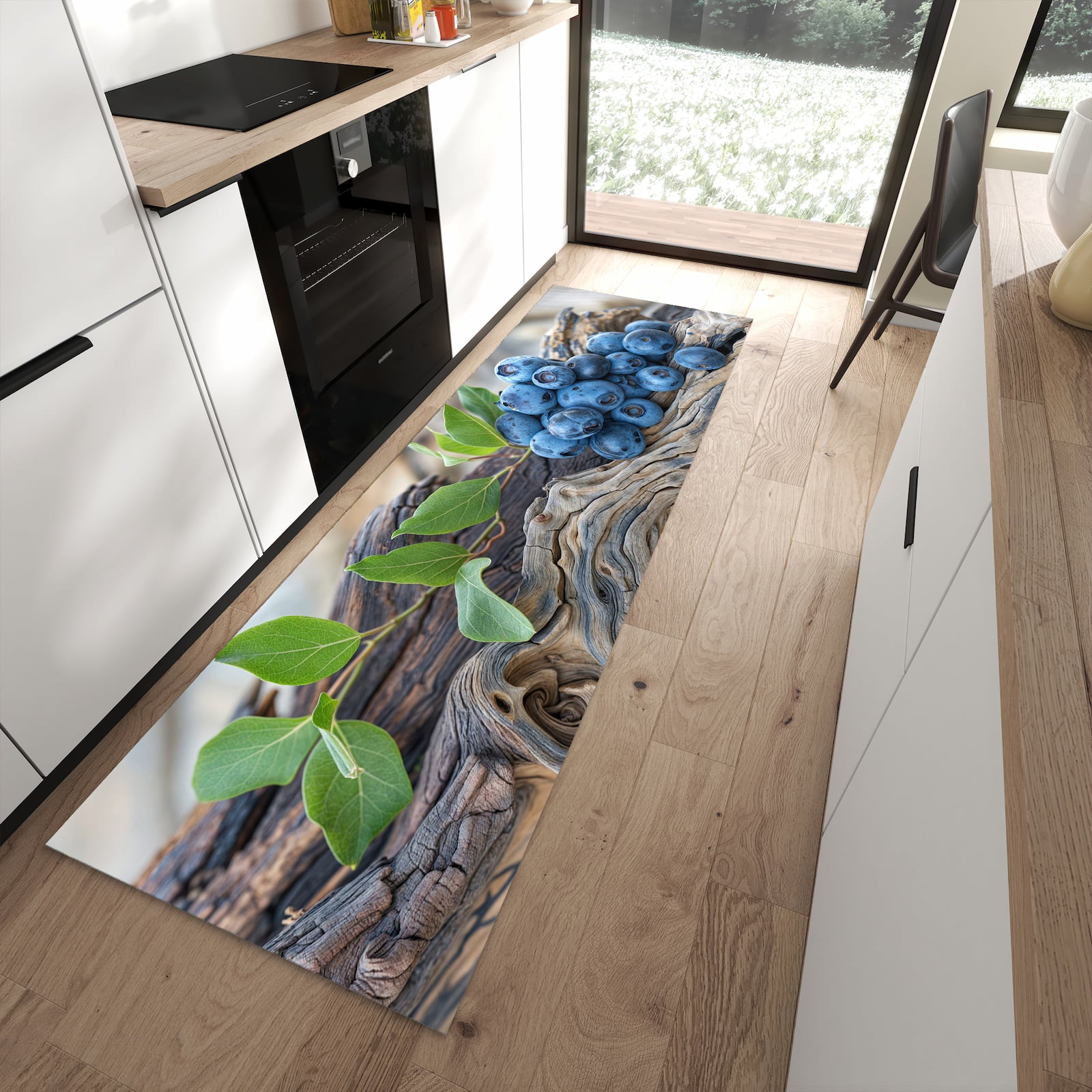UV-beständiger Bodenläufer mit Motiv auf und Blaubeeren in moderner Küche