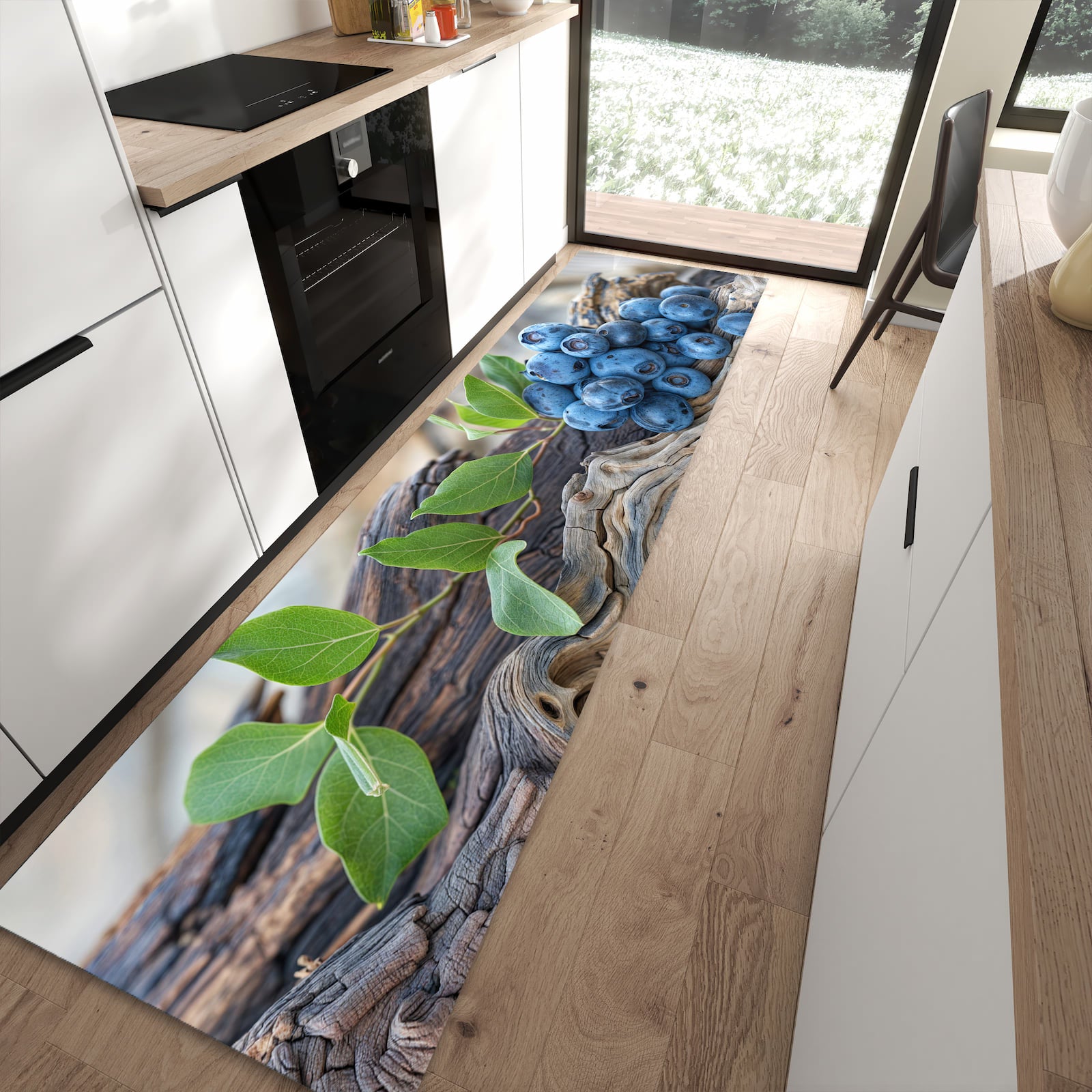 Wasserabweisender Küchenteppich mit Motiv auf und Blaubeeren in moderner Küche