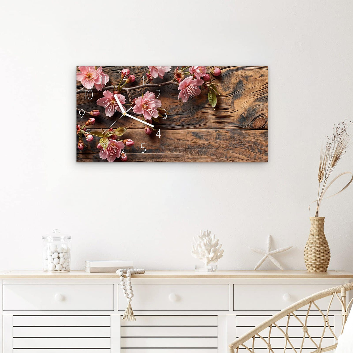 Wanduhr Holzblüten aus Glas – Querformat 60 × 30 cm – Kirschblütenzweig auf Holz