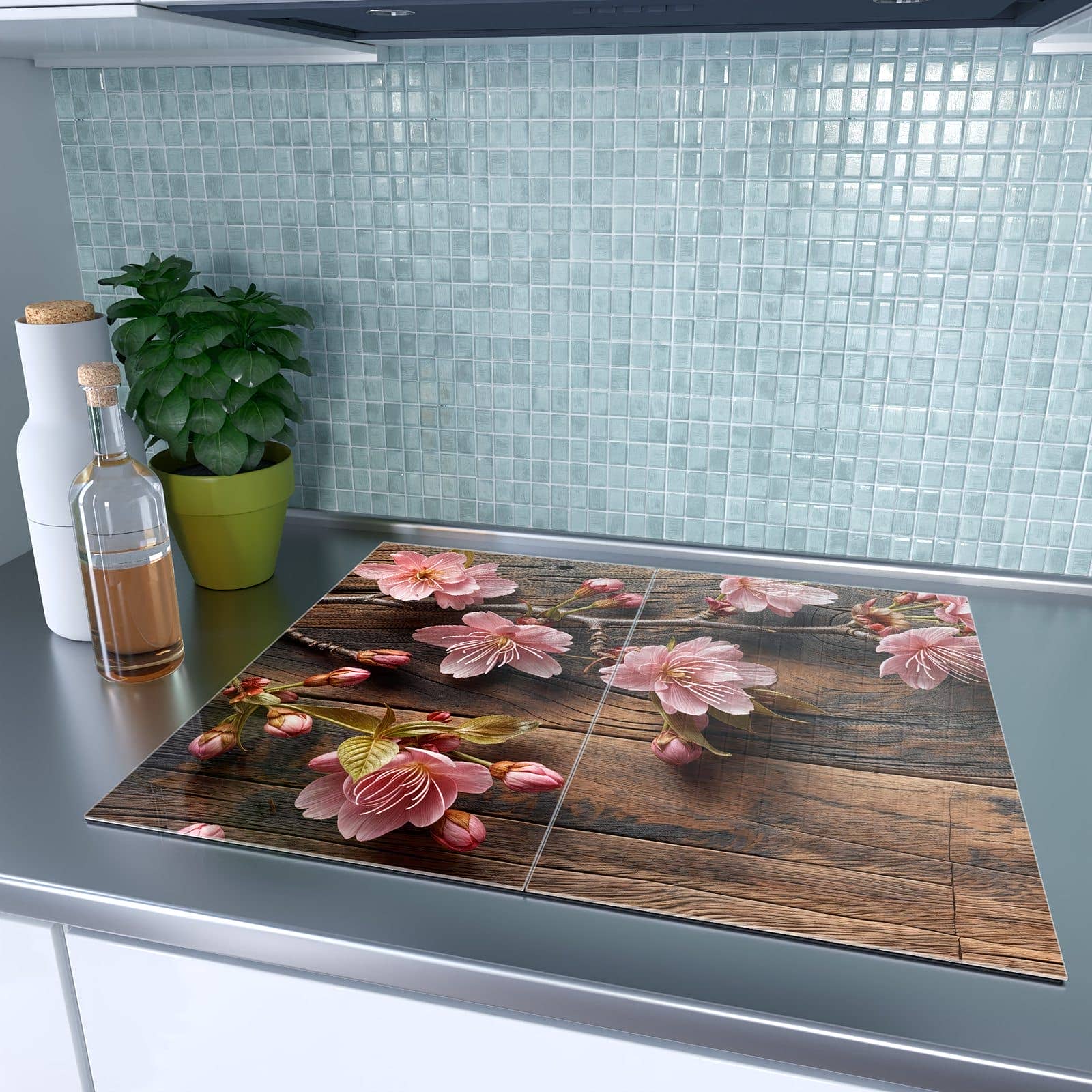 2-teilige Herdabdeckplatten mit Holzblüten-Motiv auf dem Ceranfeld