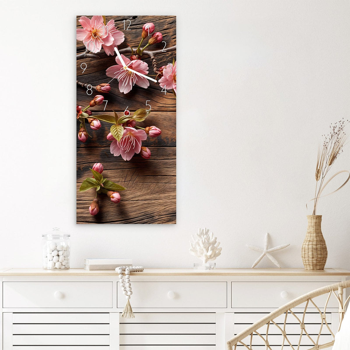Wanduhr Holzblüten aus Glas – Kirschblütenzweig auf Holz