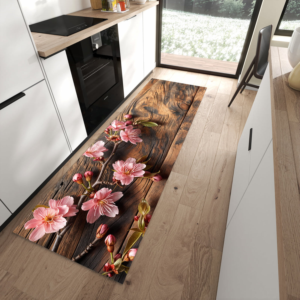 Waschbarer Küchenläufer mit Motiv Holzblüten in moderner Küche