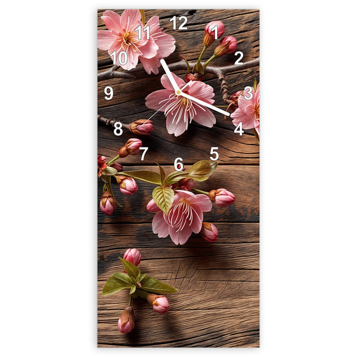 Wanduhr Holzblüten aus Glas – Hochformat 30 × 60 cm mit Ziffernblatt Modern