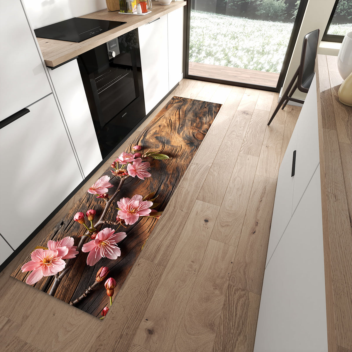 Rutschfester Küchenläufer mit Motiv Holzblüten in moderner Küche