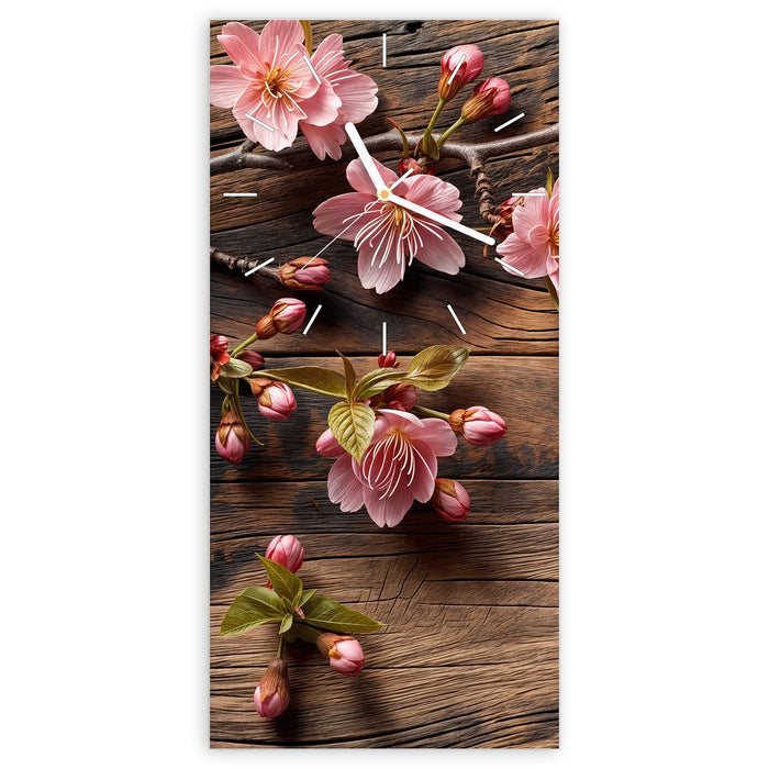 Wanduhr Holzblüten aus Glas – Hochformat 30 × 60 cm mit Ziffernblatt Linie