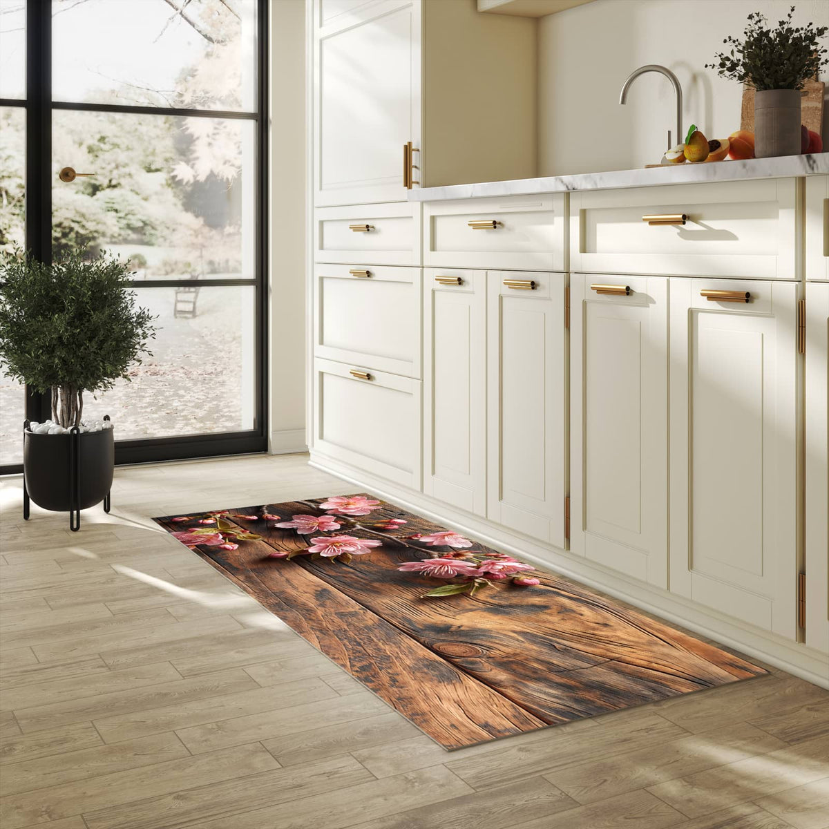 Waschbarer Küchenteppich mit Motiv Holzblüten für Trittkomfort in heller Küche